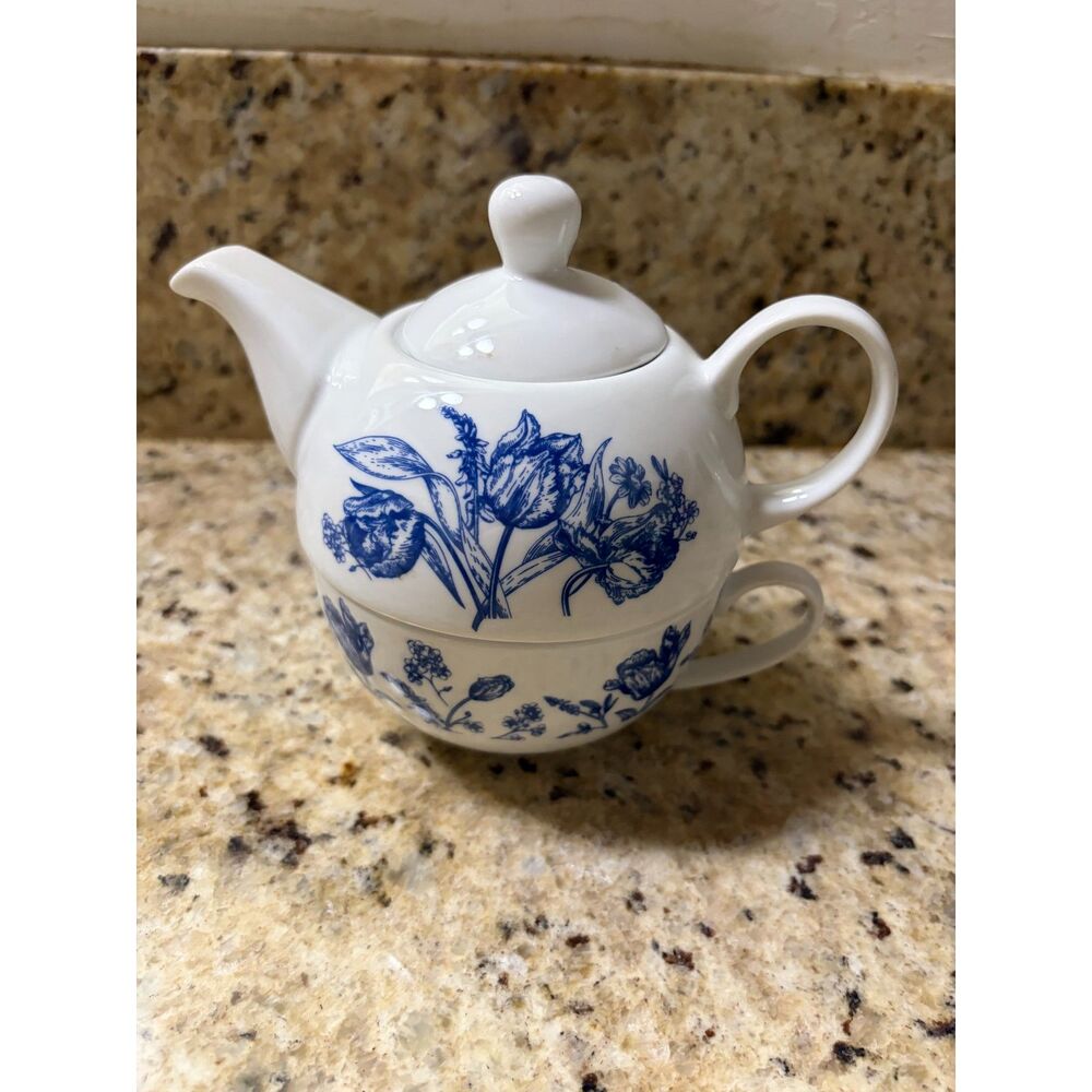 Ceramic Tea for One Stacked Teapot With Cup Blue Rose Toile Design
